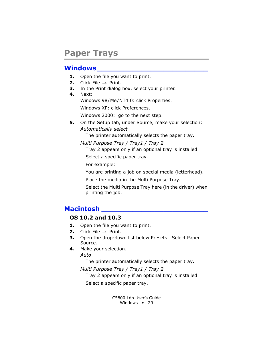 Paper trays, Windows, Macintosh | Os 10.2 and 10.3 | Oki C 5800Ldn User Manual | Page 29 / 251