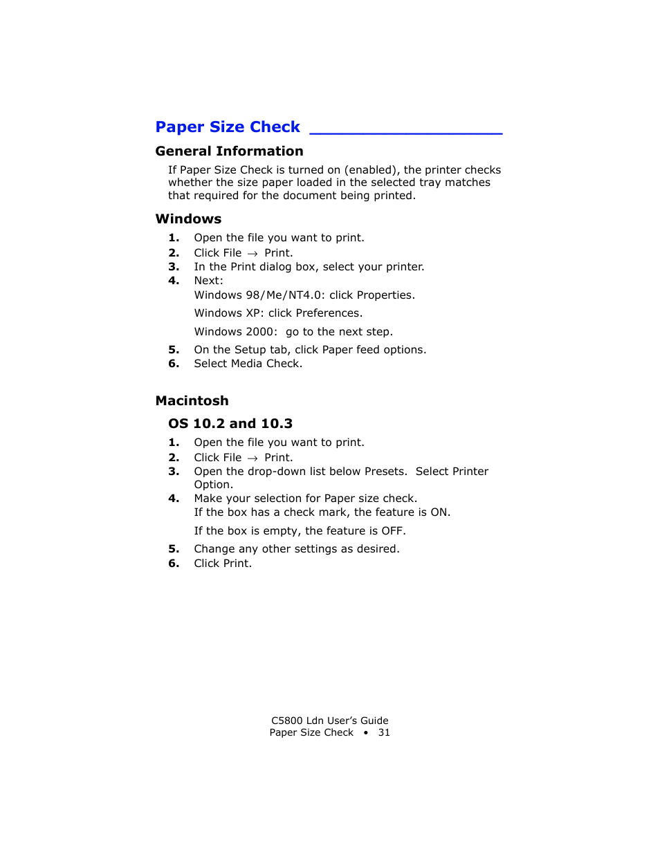 Paper size check, General information, Windows | Macintosh, Os 10.2 and 10.3 | Oki C 5800Ldn User Manual | Page 31 / 251