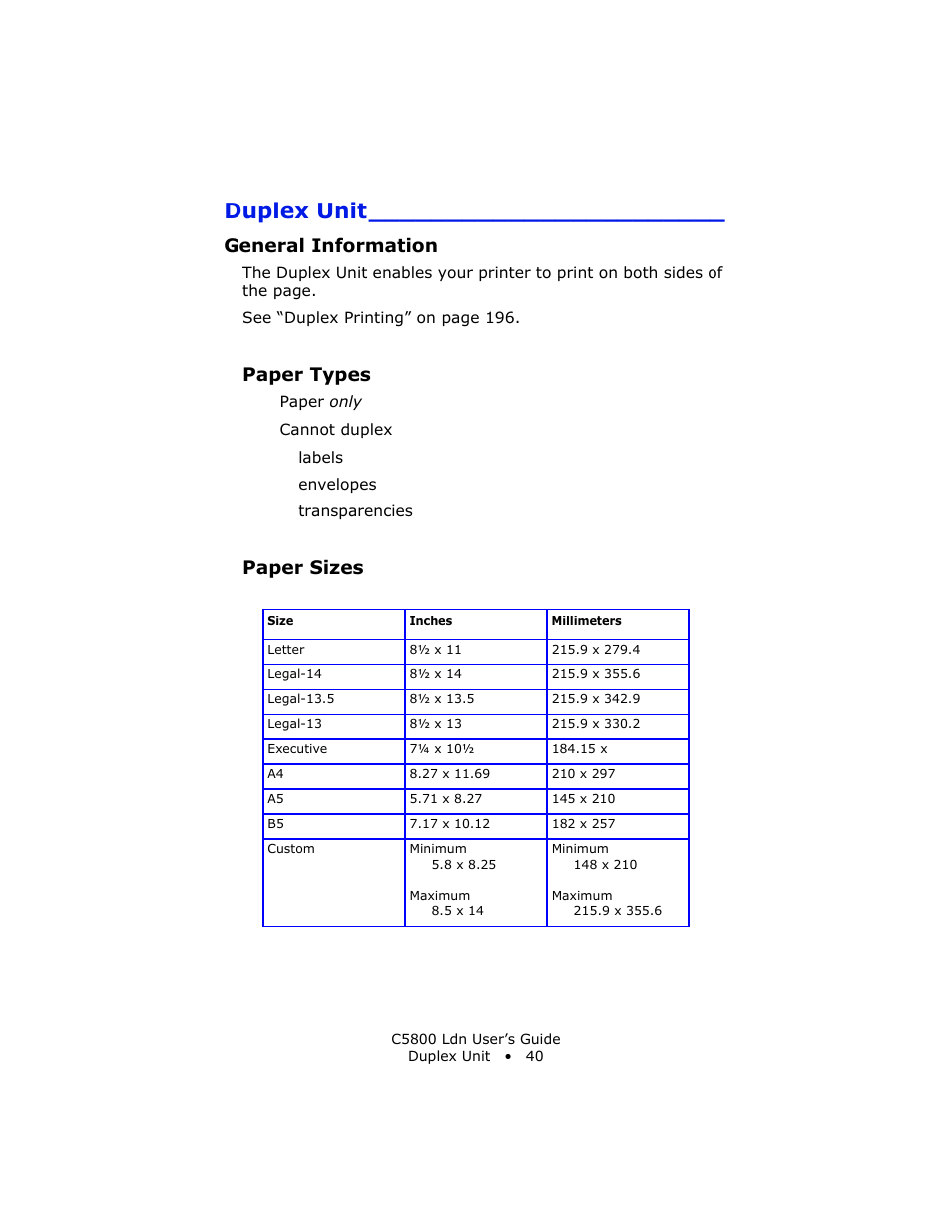 Duplex unit, General information, Paper types | Paper sizes | Oki C 5800Ldn User Manual | Page 40 / 251