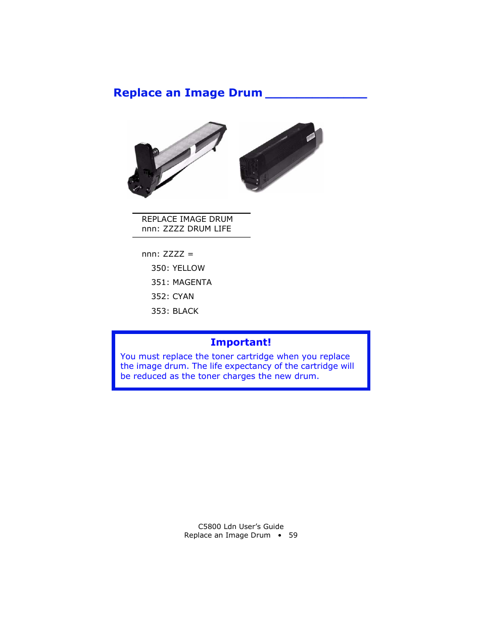 Replace an image drum, Important | Oki C 5800Ldn User Manual | Page 59 / 251