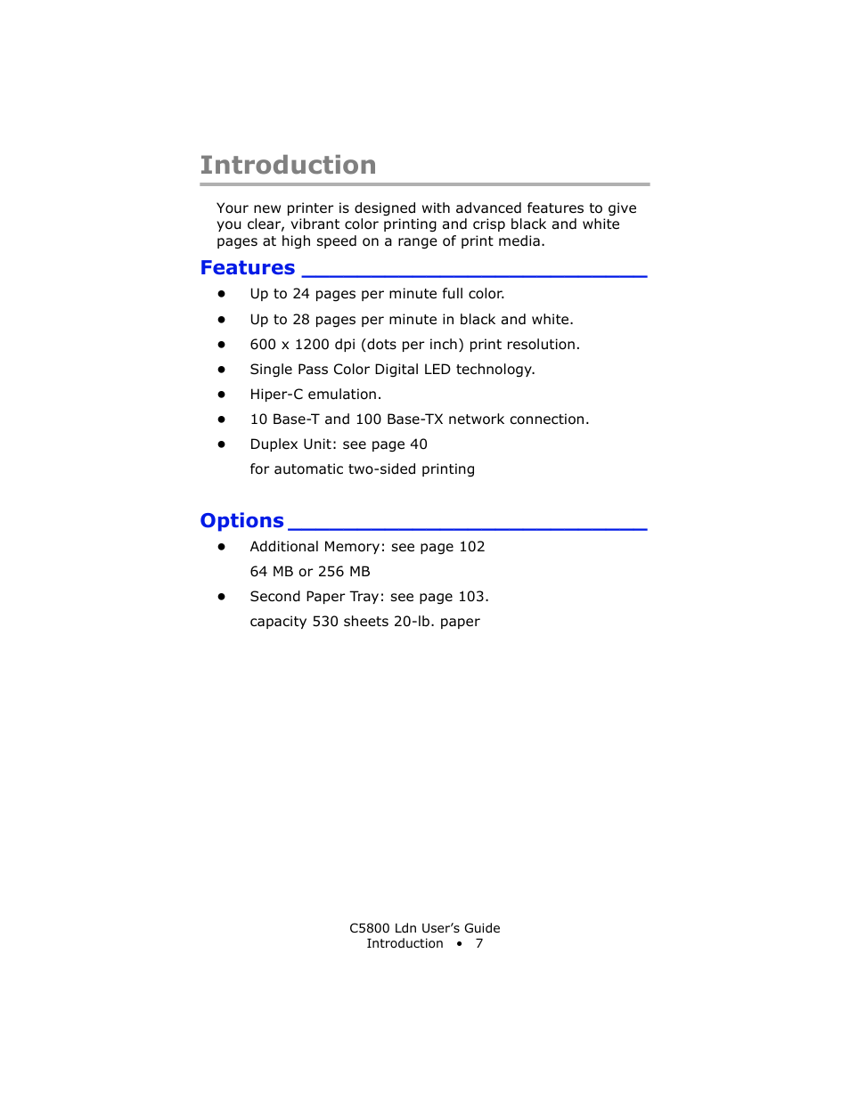 Introduction, Features, Options | Oki C 5800Ldn User Manual | Page 7 / 251