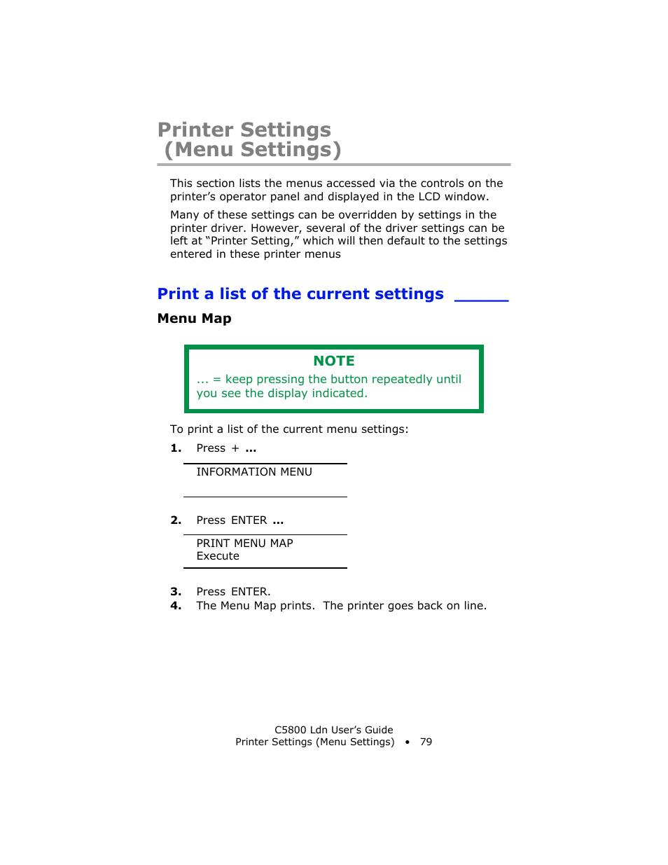 Printer settings (menu settings), Print a list of the current settings, Menu map | Printer settings, Menu settings) | Oki C 5800Ldn User Manual | Page 79 / 251