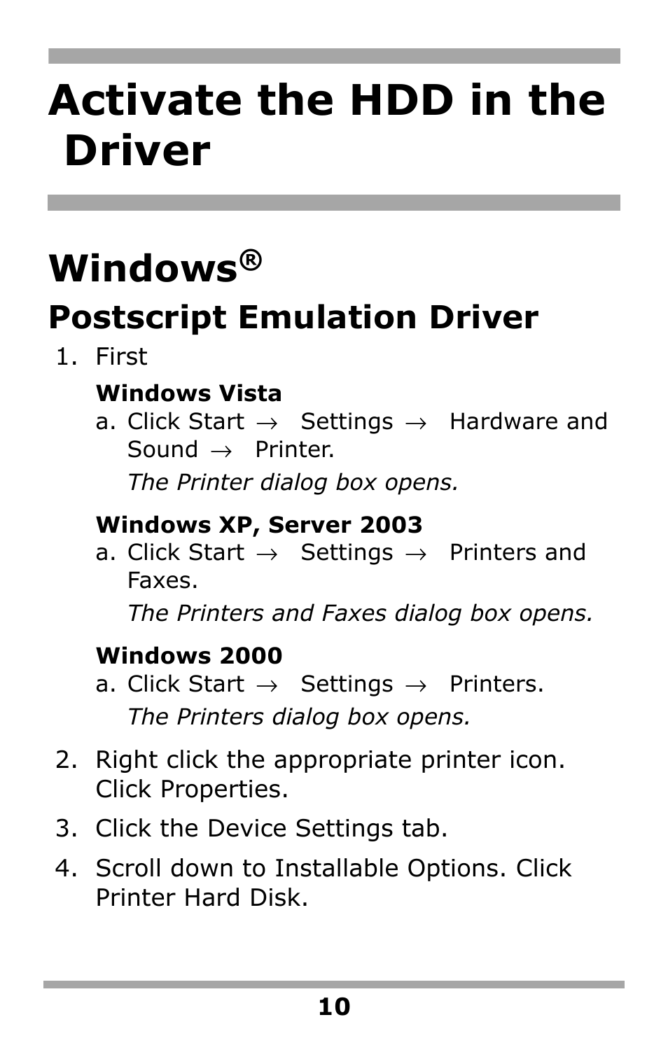 Activate the hdd in the driver, Windows, Postscript emulation driver | Oki 59375102 User Manual | Page 10 / 12