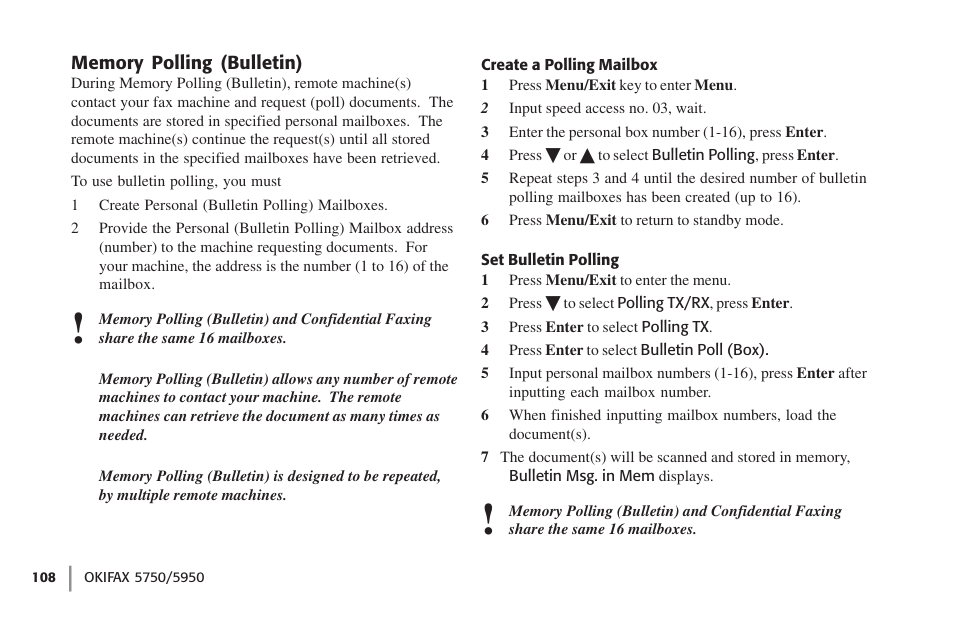 Memory polling (bulletin), Create a polling mailbox, Set bulletin polling | Create a polling mailbox set bulletin polling | Oki 59502 User Manual | Page 108 / 172