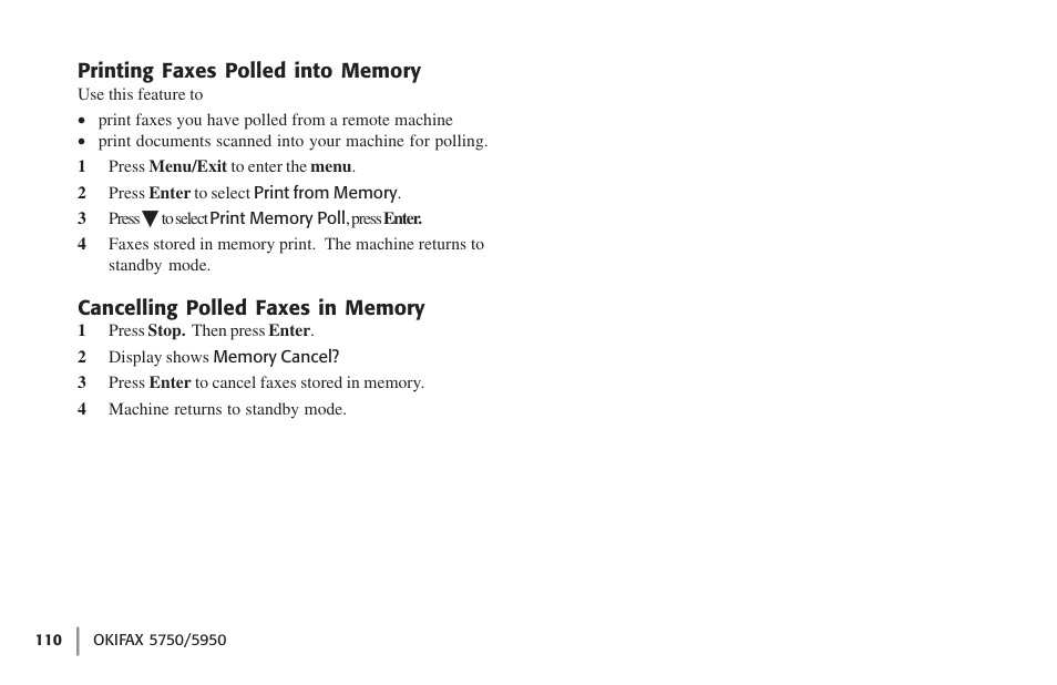 Printing faxes polled into memory, Cancelling polled faxes in memory | Oki 59502 User Manual | Page 110 / 172