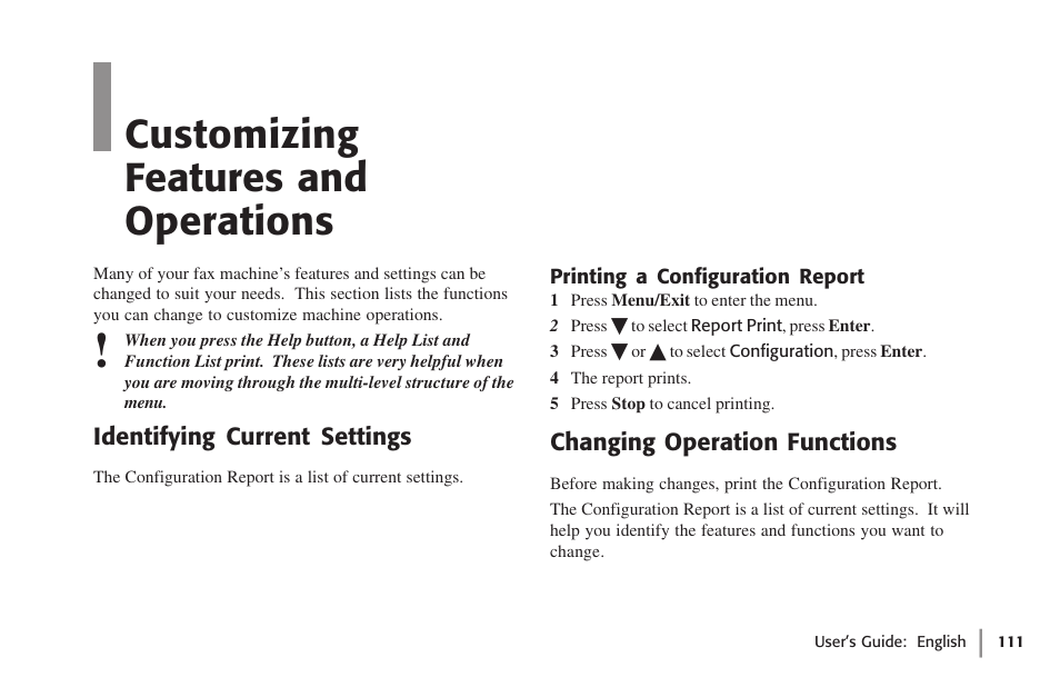 Customizing features and operations, Identifying current settings, Printing a configuration report | Changing operation functions, Overview | Oki 59502 User Manual | Page 111 / 172