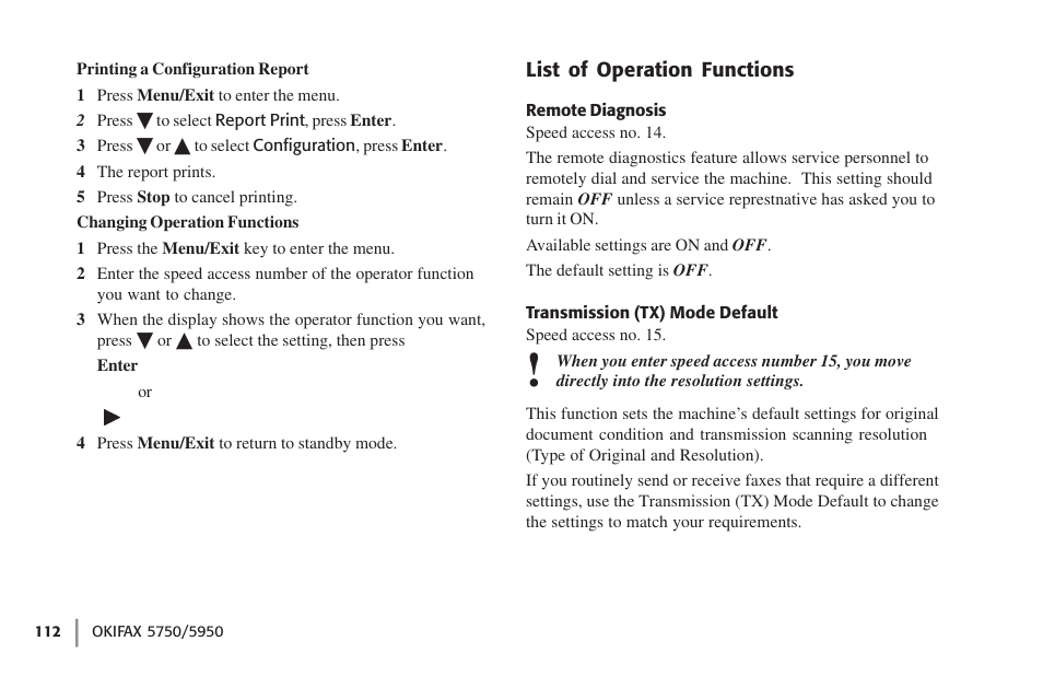 List of operation functions, Remote diagnosis, Transmission (tx) mode default | Remote diagnosis transmission (tx) mode default | Oki 59502 User Manual | Page 112 / 172