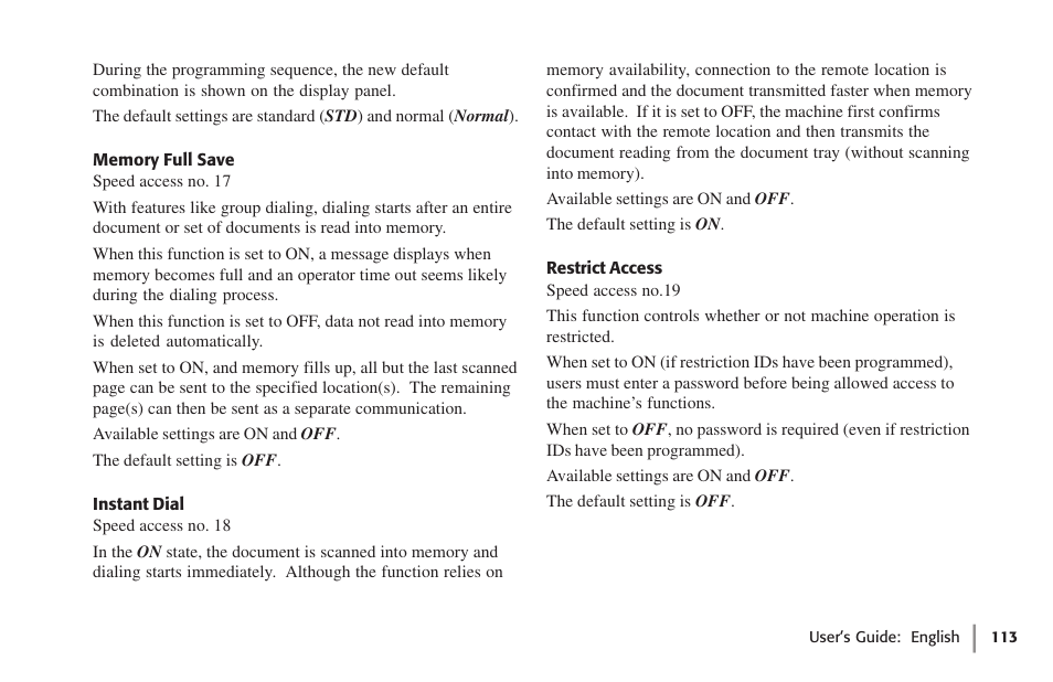 Memory full save, Instant dial, Restrict access | Memory full save instant dial restrict access | Oki 59502 User Manual | Page 113 / 172