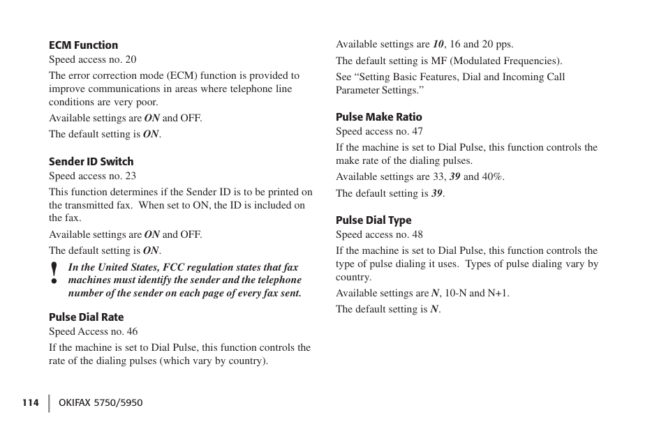 Ecm function, Sender id switch, Pulse dial rate | Pulse make ratio, Pulse dial type | Oki 59502 User Manual | Page 114 / 172