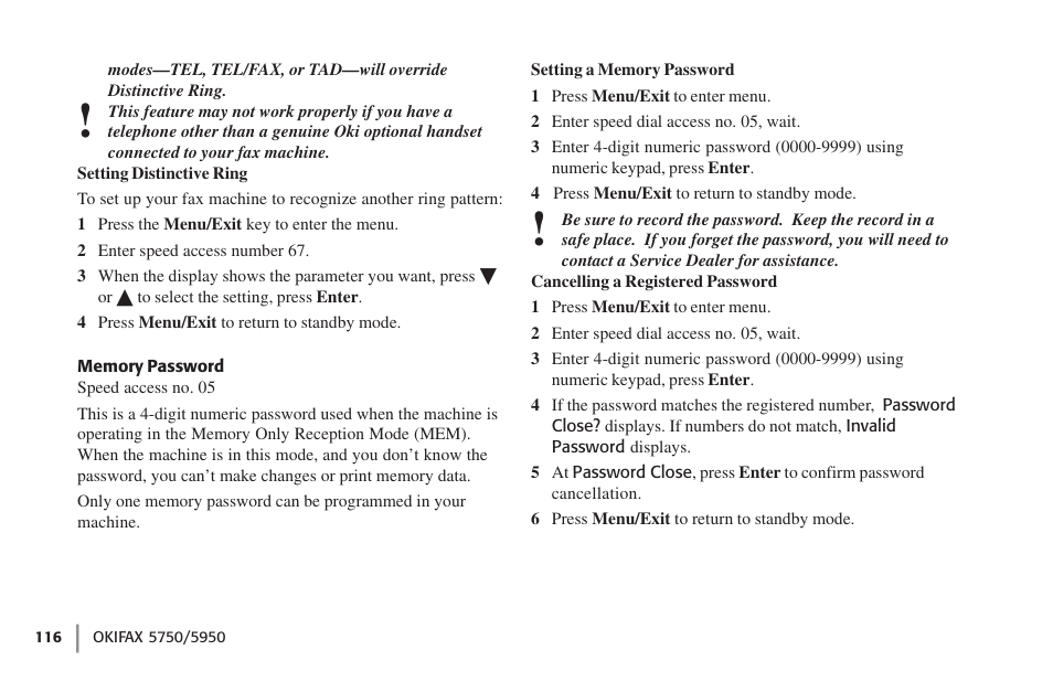 Memory password | Oki 59502 User Manual | Page 116 / 172