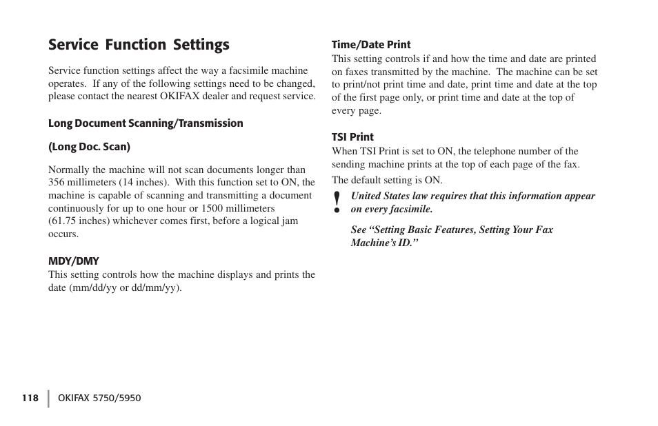 Service function settings, Long document scanning/transmission, Myd/dmy | Time/date print, Tsi print | Oki 59502 User Manual | Page 118 / 172