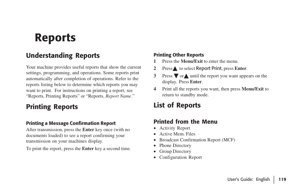 Reports, Understanding reports, Printing reports | Printing a message confirmation report, Printing other reports, List of reports, Printed from the menu, Understanding reports printing reports | Oki 59502 User Manual | Page 119 / 172