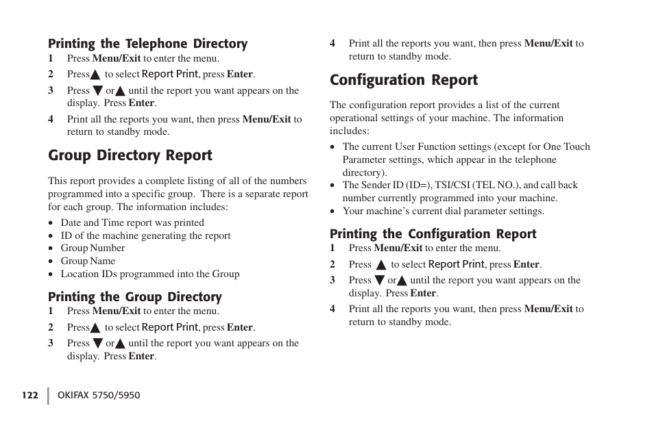 Printing the telephone directory, Group directory report, Printing the group directory | Configuration report, Printing the configuration report | Oki 59502 User Manual | Page 122 / 172