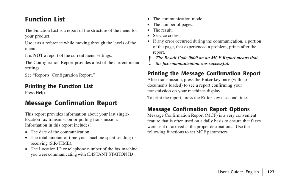 Function list, Printing the function list, Message confirmation report | Printing the message confirmation report, Message confirmation report options | Oki 59502 User Manual | Page 123 / 172