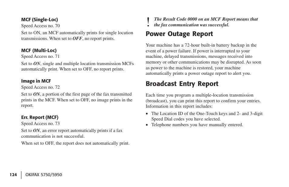 Mcf (single-loc), Mcf (multi-loc), Image in mcf | Err. report (mcf), Power outage report, Broadcast entry report, Power outage report broadcast entry report | Oki 59502 User Manual | Page 124 / 172