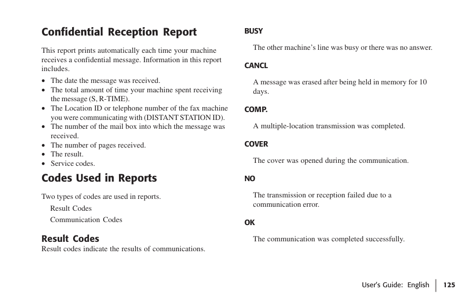 Confidential reception report, Codes used in reports, Result codes | Oki 59502 User Manual | Page 125 / 172