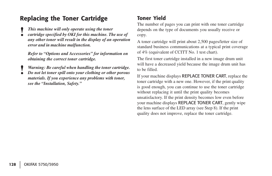 Replacing the toner cartridge, Toner yield | Oki 59502 User Manual | Page 128 / 172