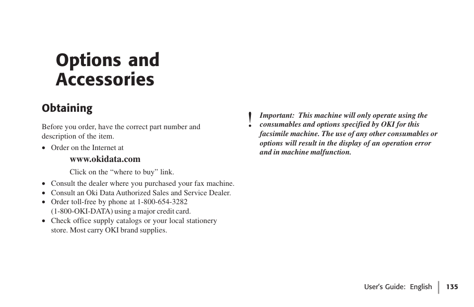 Options and accessories, Obtaining | Oki 59502 User Manual | Page 135 / 172