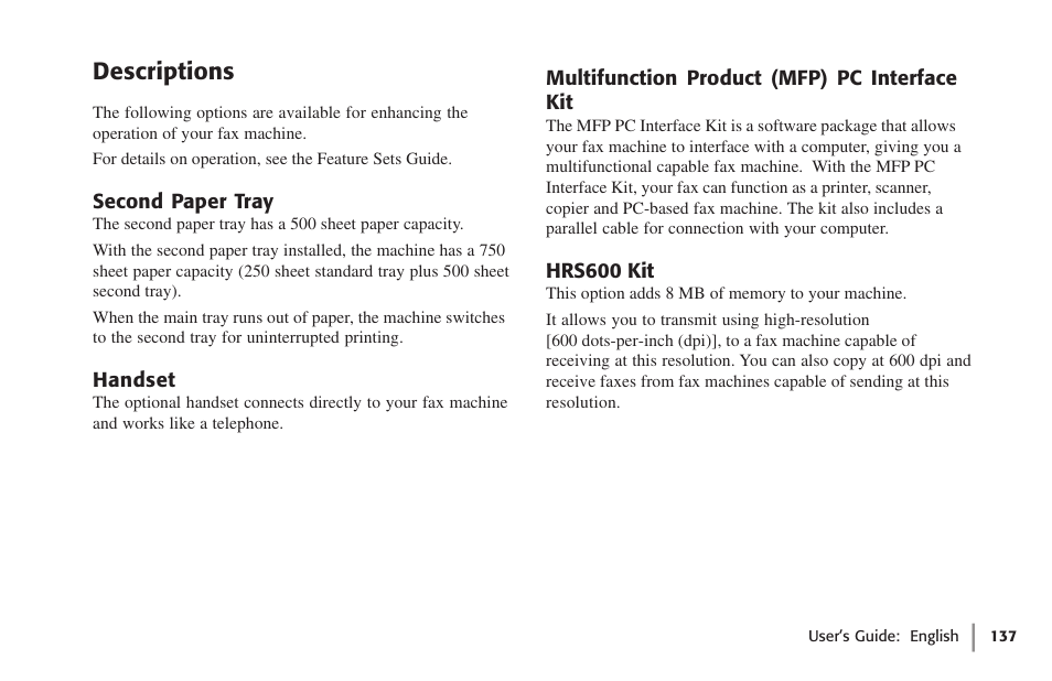 Descriptions, Second paper tray, Handset | Multifunction product (mfp) pc interface kit, Hrs600 kit | Oki 59502 User Manual | Page 137 / 172