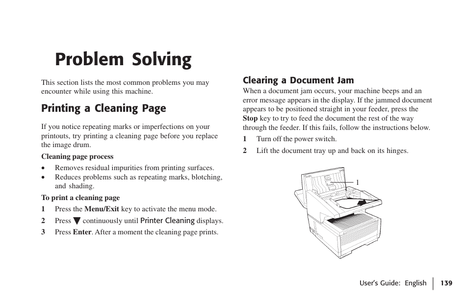 Problem solving, Clearing a document jam, Printing a cleaning page | Oki 59502 User Manual | Page 139 / 172