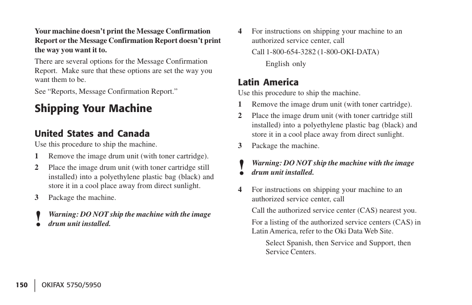 Shipping your machine, United states and canada, Latin america | United states and canada latin america | Oki 59502 User Manual | Page 150 / 172