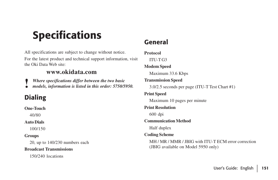 Specifications, Dialing, General | Dialing general | Oki 59502 User Manual | Page 151 / 172