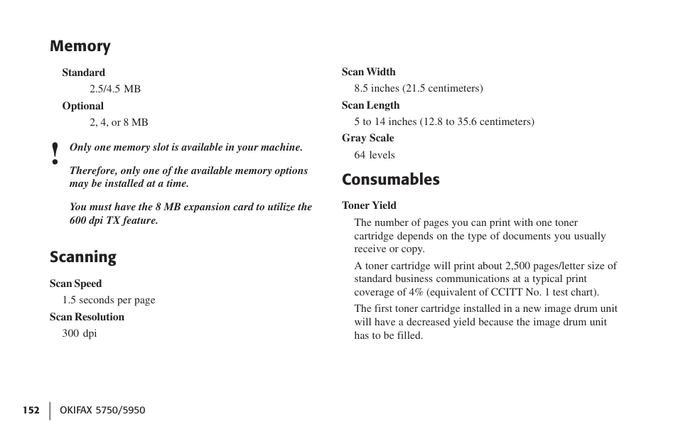 Memory, Scanning, Consumables | Memory scanning consumables | Oki 59502 User Manual | Page 152 / 172