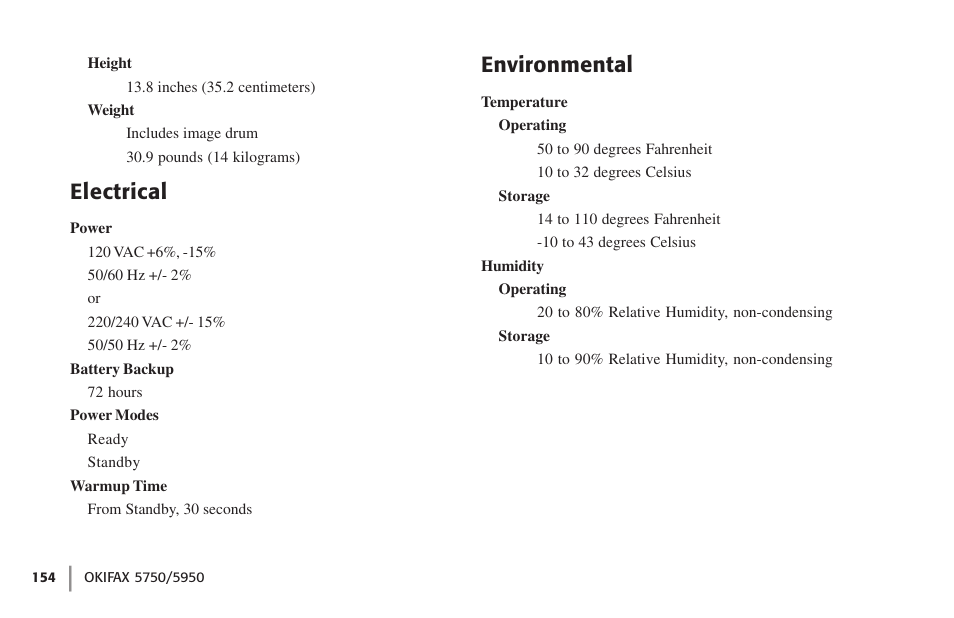 Electrical, Environmental, Electrical environmental | Oki 59502 User Manual | Page 154 / 172