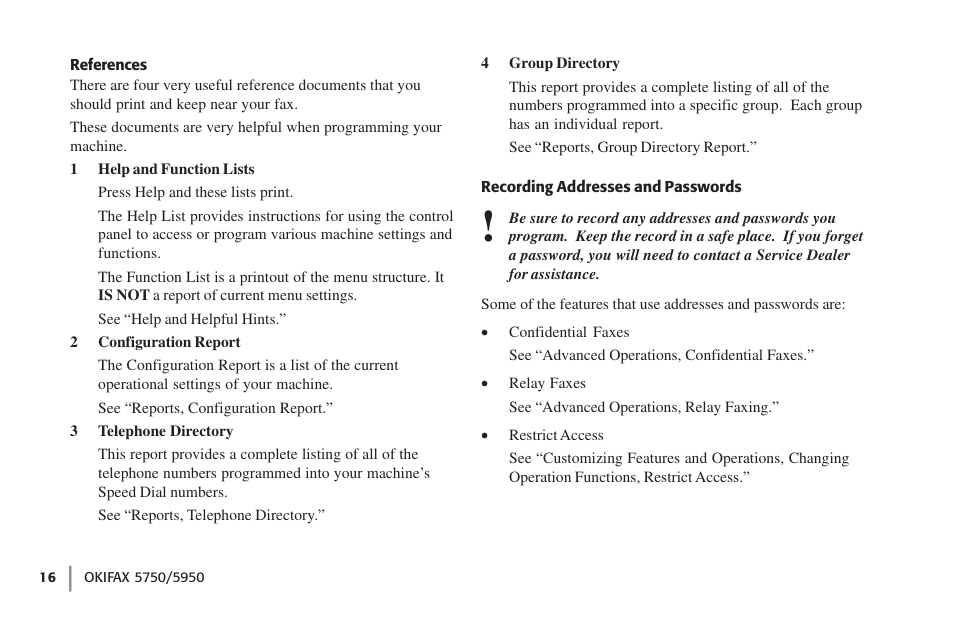 References, Recording addresses and passwords, References recording addresses and passwords | Oki 59502 User Manual | Page 16 / 172