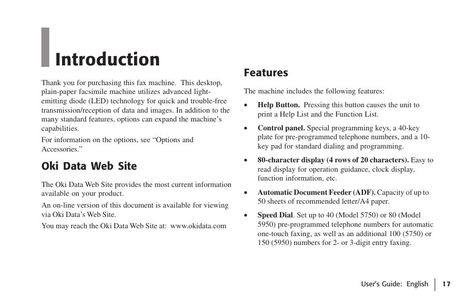 Introduction, Oki data web site, Features | Oki data web site features, Overview | Oki 59502 User Manual | Page 17 / 172