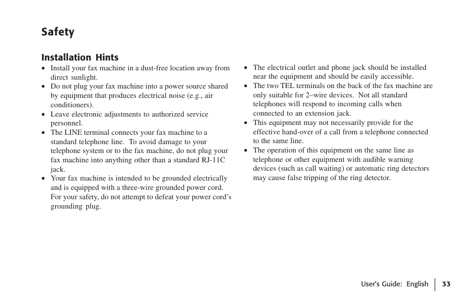 Safety, Installation hints | Oki 59502 User Manual | Page 33 / 172