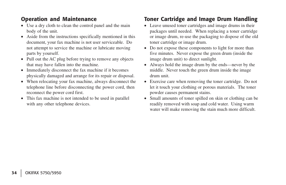Operation and maintenance, Toner cartridge and image drum handling | Oki 59502 User Manual | Page 34 / 172