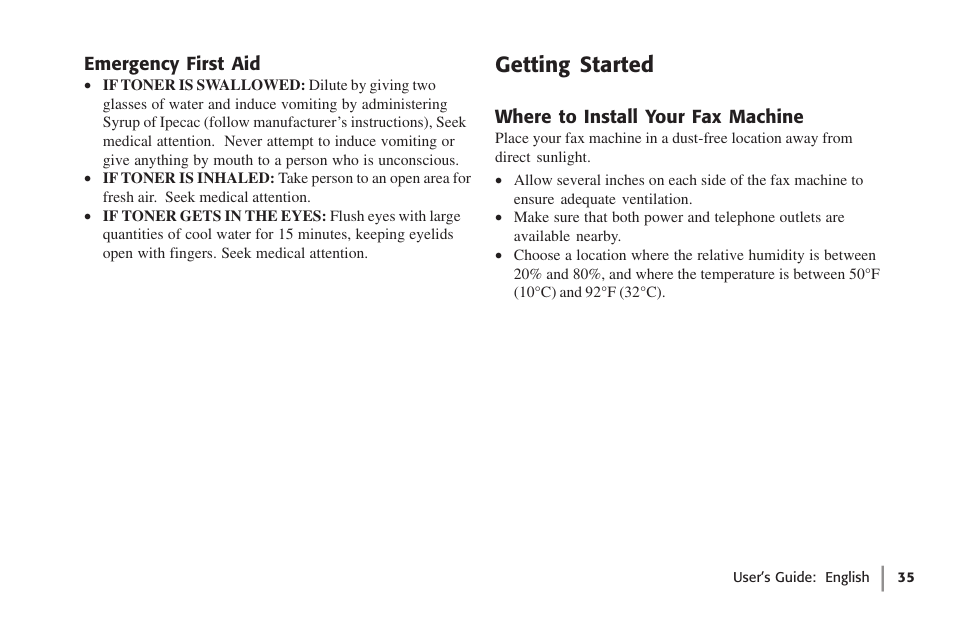 Emergency first aid, Getting started, Where to install your fax machine | Oki 59502 User Manual | Page 35 / 172