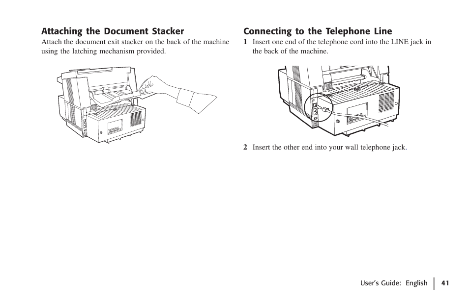 Attaching the document stacker, Connecting to the telephone line | Oki 59502 User Manual | Page 41 / 172