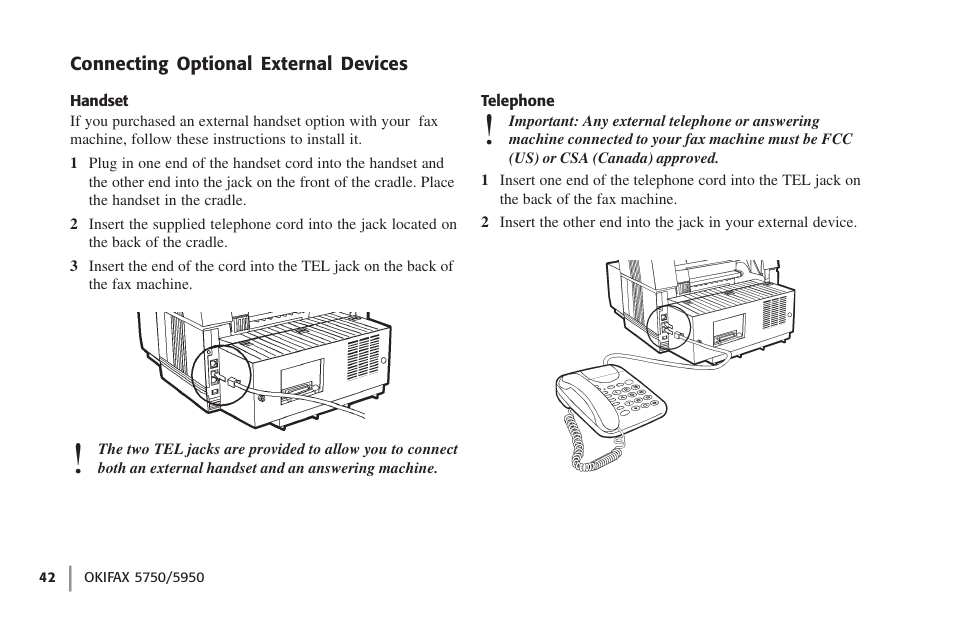 Connecting optional external devices, Handset, Telephone | Handset telephone | Oki 59502 User Manual | Page 42 / 172