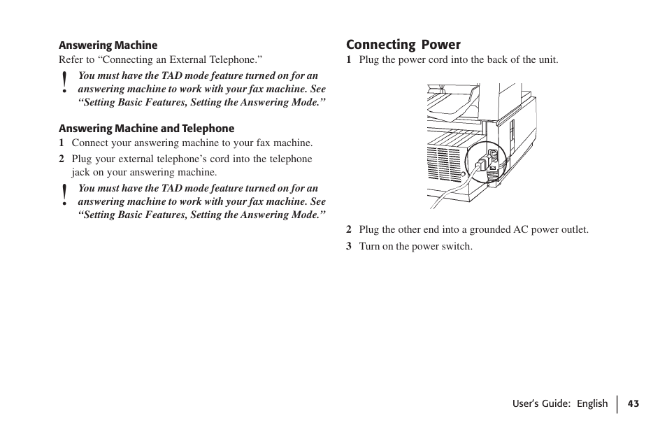 Answering machine, Answering machine and telephone, Connecting power | Answering machine answering machine and telephone | Oki 59502 User Manual | Page 43 / 172