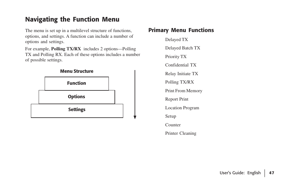 Navigating the function menu, Primary menu functions | Oki 59502 User Manual | Page 47 / 172