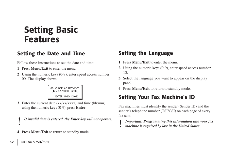 Setting basic features, Setting the date and time, Setting the language | Setting your fax machine's id | Oki 59502 User Manual | Page 52 / 172