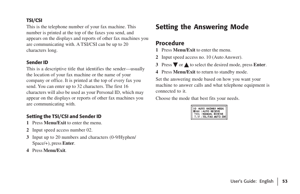 Tsi/csi, Sender id, Setting the tsi/csi and sender id | Setting the answering mode, Procedure | Oki 59502 User Manual | Page 53 / 172