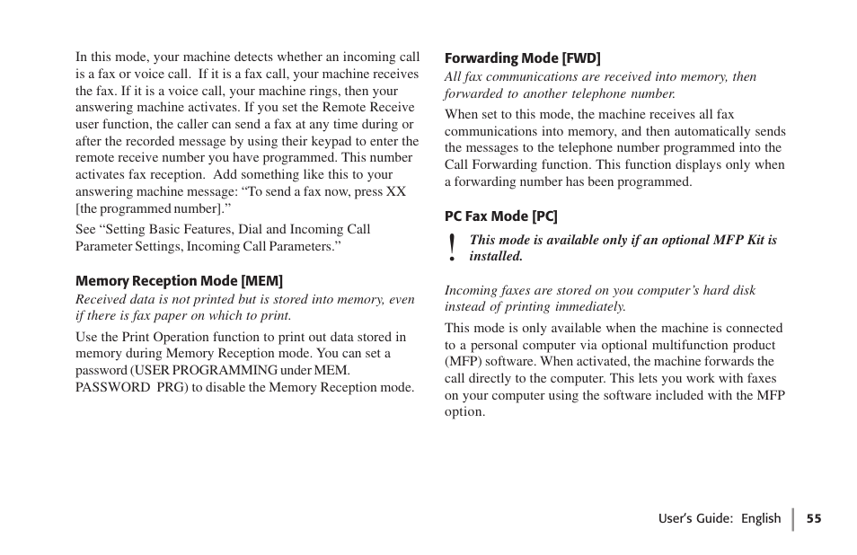 Memory reception mode [mem, Forwarding mode [fwd, Pc fax mode [pc | Oki 59502 User Manual | Page 55 / 172