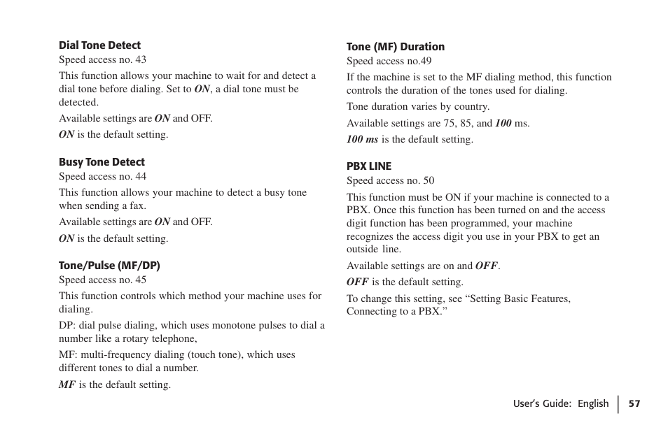 Dial tone detect, Busy tone detect, Tone/pulse (mf/dp) | Tone (mf) duration, Pbx line | Oki 59502 User Manual | Page 57 / 172