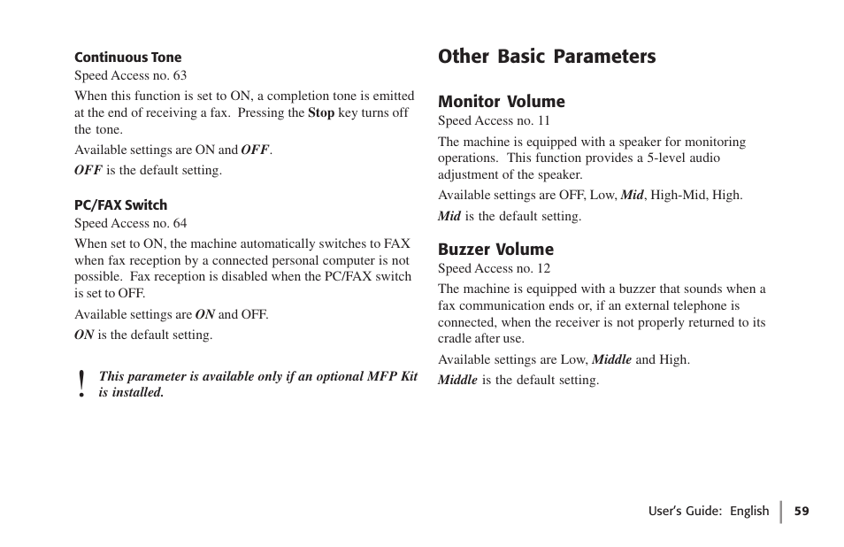 Continuous tone, Pc/fax switch, Other basic parameters | Monitor volume, Buzzer volume, Continuous tone pc/fax switch, Monitor volume buzzer volume | Oki 59502 User Manual | Page 59 / 172
