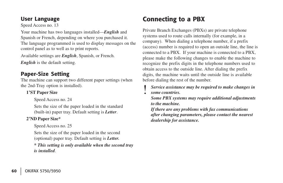 User language, Paper-size setting, Connecting to a pbx | User language paper-size setting | Oki 59502 User Manual | Page 60 / 172