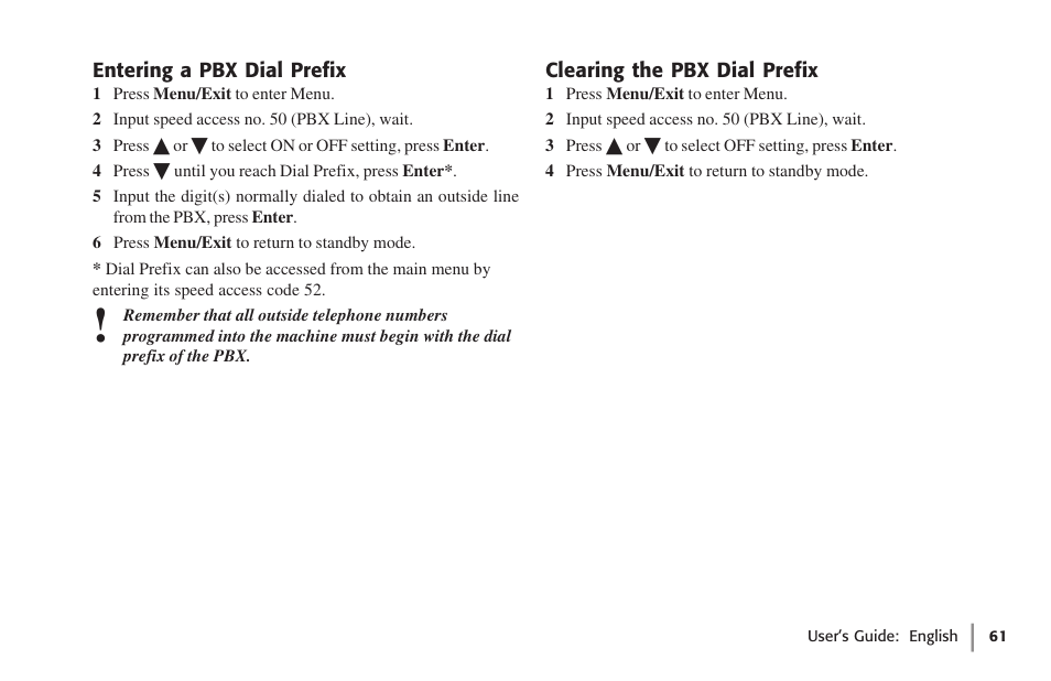 Entering a pbx dial prefix, Clearing the pbx dial prefix | Oki 59502 User Manual | Page 61 / 172