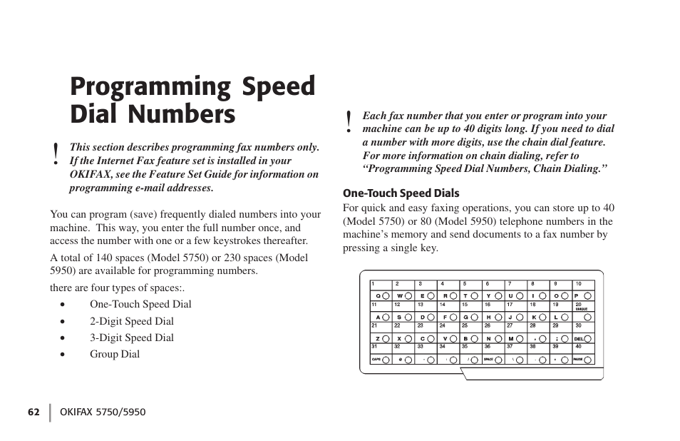 Programming speed dial numbers, One-touch speed dials | Oki 59502 User Manual | Page 62 / 172