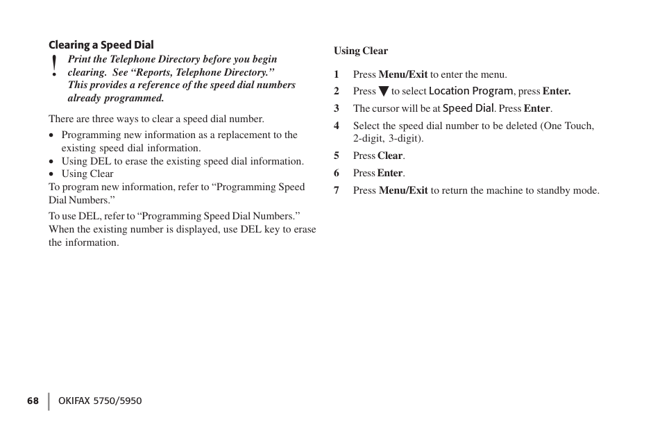 Clearing a speed dial | Oki 59502 User Manual | Page 68 / 172