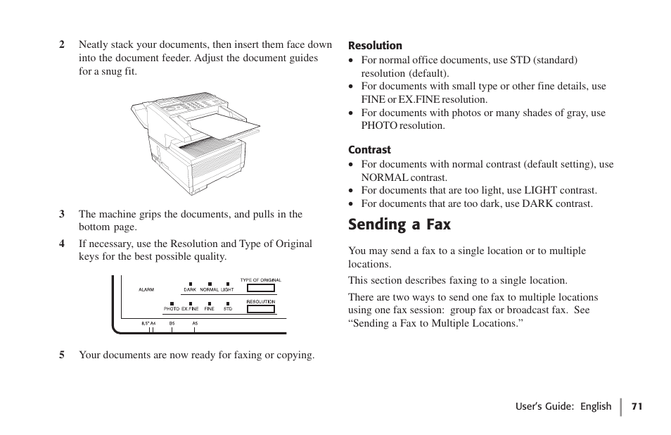 Resolution, Contrast, Sending a fax | Resolution contrast | Oki 59502 User Manual | Page 71 / 172