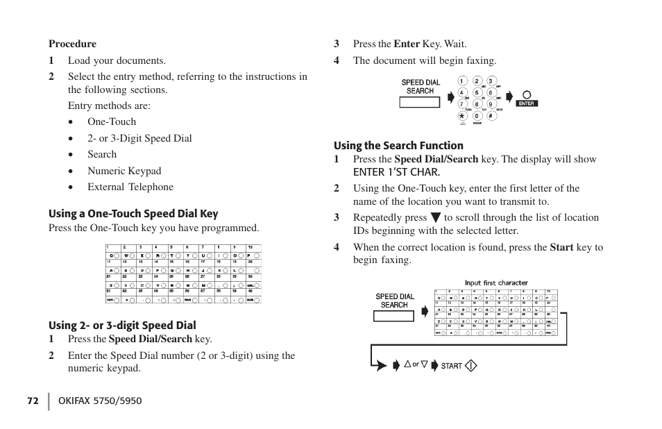 Using a one-touch speed dial key, Using 2- or 3-digit speed dial, Using the search function | Oki 59502 User Manual | Page 72 / 172