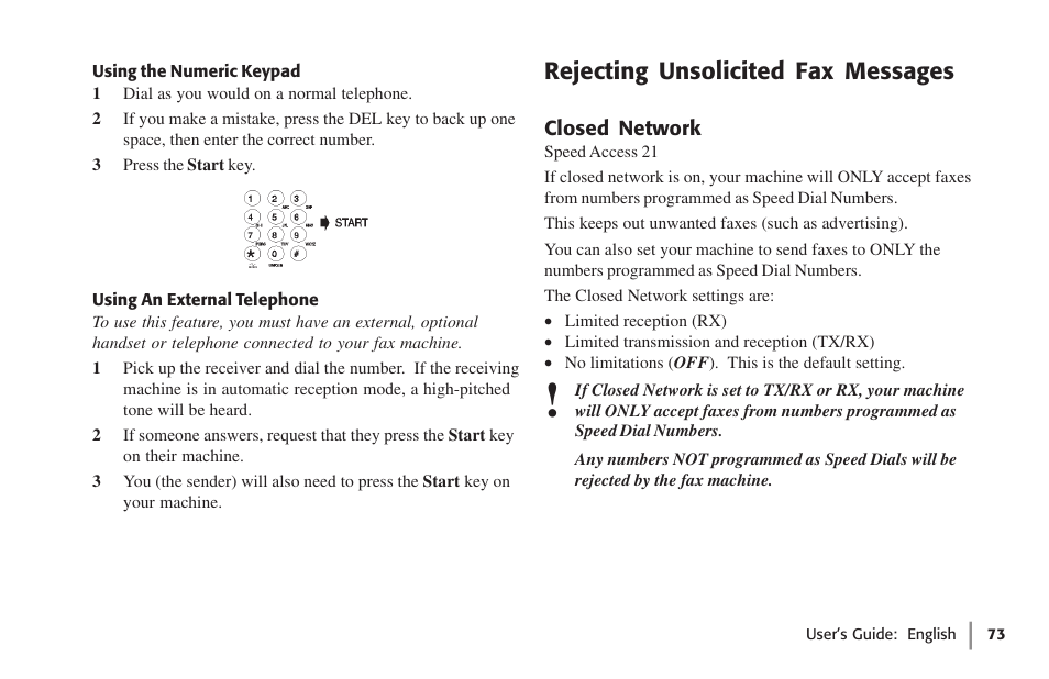 Using the numeric keypad, Using an external telephone, Rejecting unsolicited fax messages | Closed network | Oki 59502 User Manual | Page 73 / 172