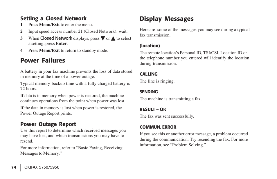 Setting a closed network, Power failures, Power outage report | Display messages | Oki 59502 User Manual | Page 74 / 172